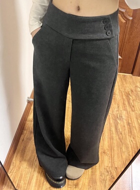 深灰色毛呢阔腿西装裤女秋冬季新款侧腰纽扣设计宽松百搭休闲长裤