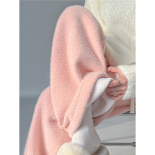 粉色加绒阔腿裤女秋冬季高腰垂感宽松慵懒休闲裤加厚水貂绒直筒裤