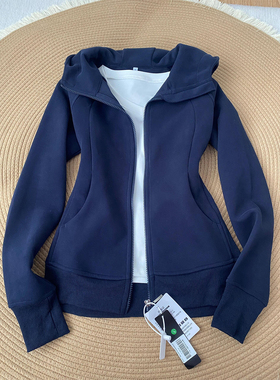 藏青色正肩修身外套女早秋季设计感辣妹长袖卫衣连帽休闲拉链上衣