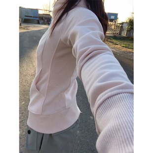 粉色正肩连帽卫衣外套女秋冬季美式修身运动开衫长袖加绒时尚上衣