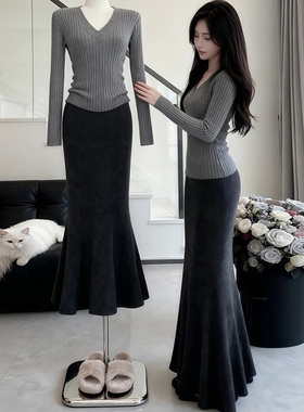 深灰色鱼尾裙半身裙女秋冬季高腰修身a字毛呢长裙显瘦针织包臀裙