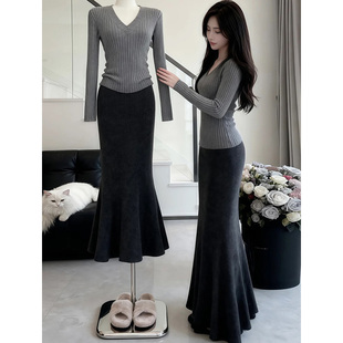 深灰色鱼尾裙半身裙女秋冬季高腰修身a字毛呢长裙显瘦针织包臀裙