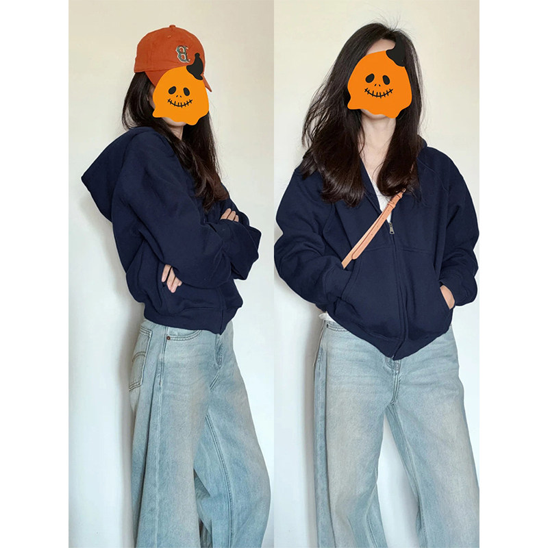 美式短款藏青色连帽正肩卫衣外套女冬季新款辣妹显瘦百搭修身上衣