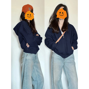 美式短款藏青色连帽正肩卫衣外套女冬季新款辣妹显瘦百搭修身上衣