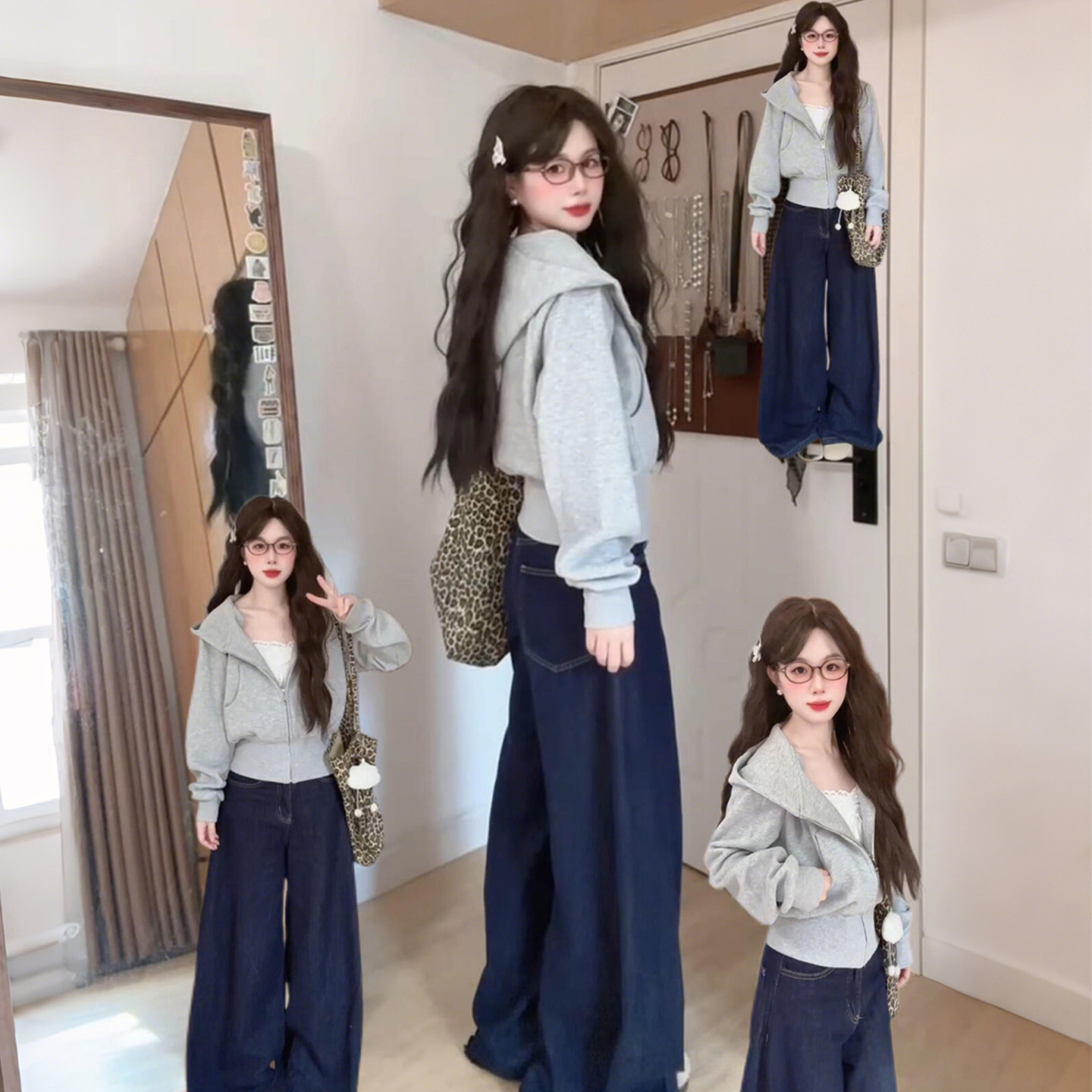 美式灰色短款连帽卫衣女秋冬季拉链外套加绒宽松百搭运动开衫上衣