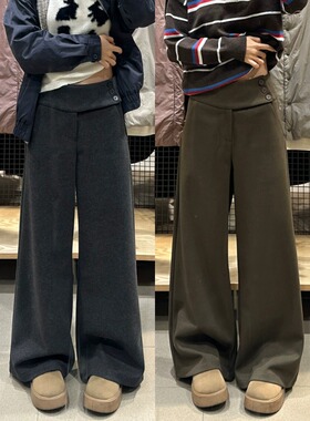 复古深灰色毛呢阔腿裤女秋冬低腰垂感慵懒显瘦休闲拖地纽扣西装裤