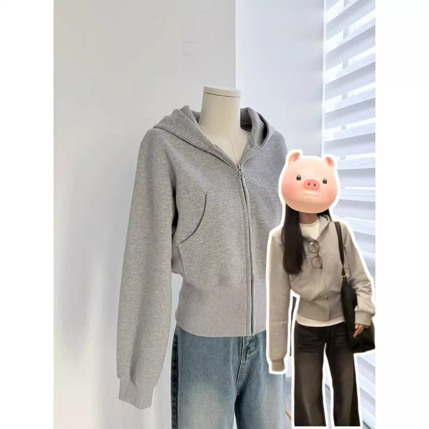 美式灰色短款连帽外套女秋冬季加绒休闲运动卫衣收腰显瘦正肩开衫,女装/女士精品,短外套,淘宝优惠券,粉丝福利购,淘宝优惠卷