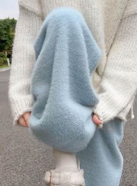 蓝色加绒阔腿裤女秋冬新款百搭保暖棉裤高腰休闲窄版水貂绒糯米裤