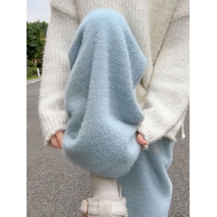 蓝色加绒阔腿裤女秋冬新款百搭保暖棉裤高腰休闲窄版水貂绒糯米裤