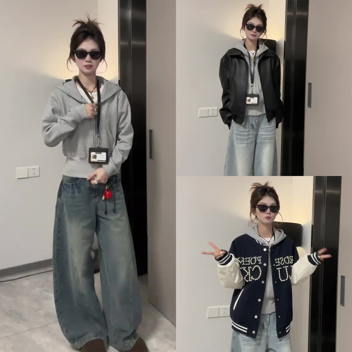 浅灰色连帽短款外套女冬季美式收腰修身加绒卫衣掐腰穿搭开衫上衣