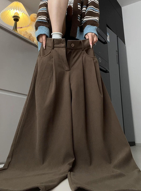 咖啡色灯芯绒西装裤女秋冬季慵懒风加绒阔腿裤高腰宽松直筒山本裤