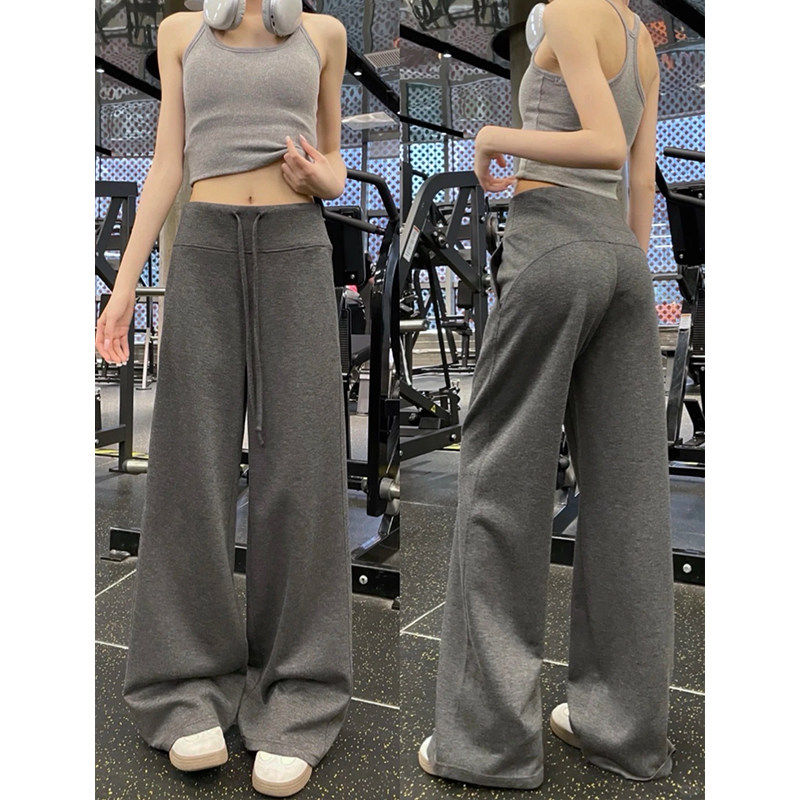 深灰色美式运动裤女夏季薄款高腰小个子宽松显瘦慵懒风垂感阔腿裤