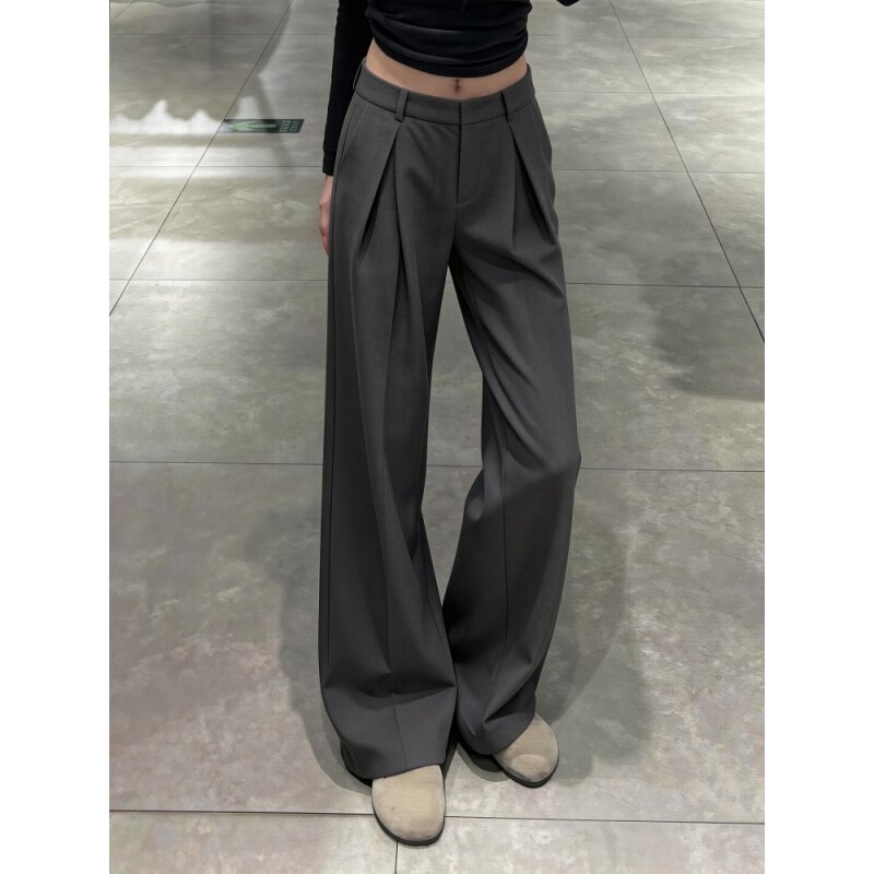 灰色褶皱阔腿裤女夏季薄款高腰西裤垂坠感高级感老钱风拖地直筒裤