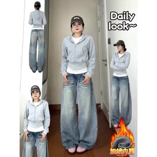 灰色短款韩系开衫卫衣女秋冬季加绒正肩收腰修身上衣连帽长袖外套