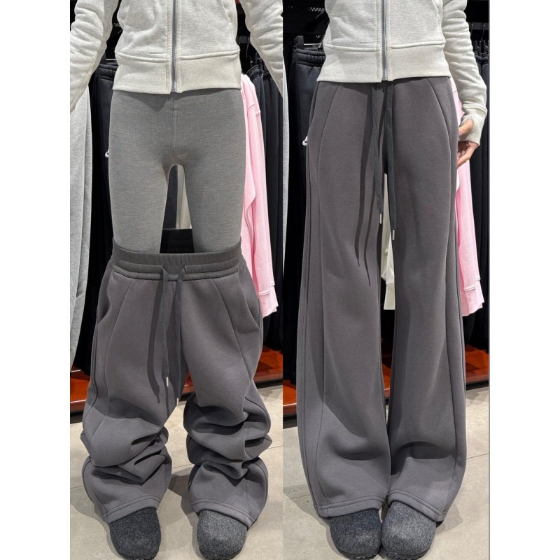 美式窄版加绒直筒裤女秋冬季高腰显瘦垂感休闲阔腿裤加厚运动卫裤