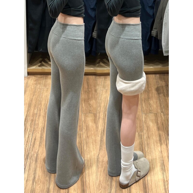 美式灰色加绒微喇裤运动卫裤女秋冬季低腰加厚瑜伽垂感休闲喇叭裤
