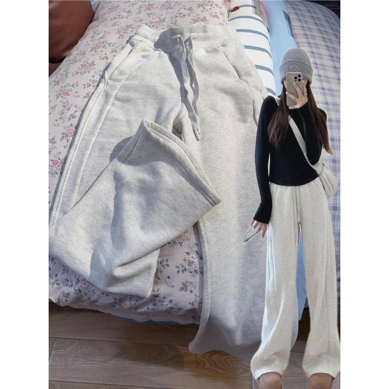 白灰色加绒香蕉运动卫裤女秋冬季美式高腰垂感宽松显瘦阔腿休闲裤