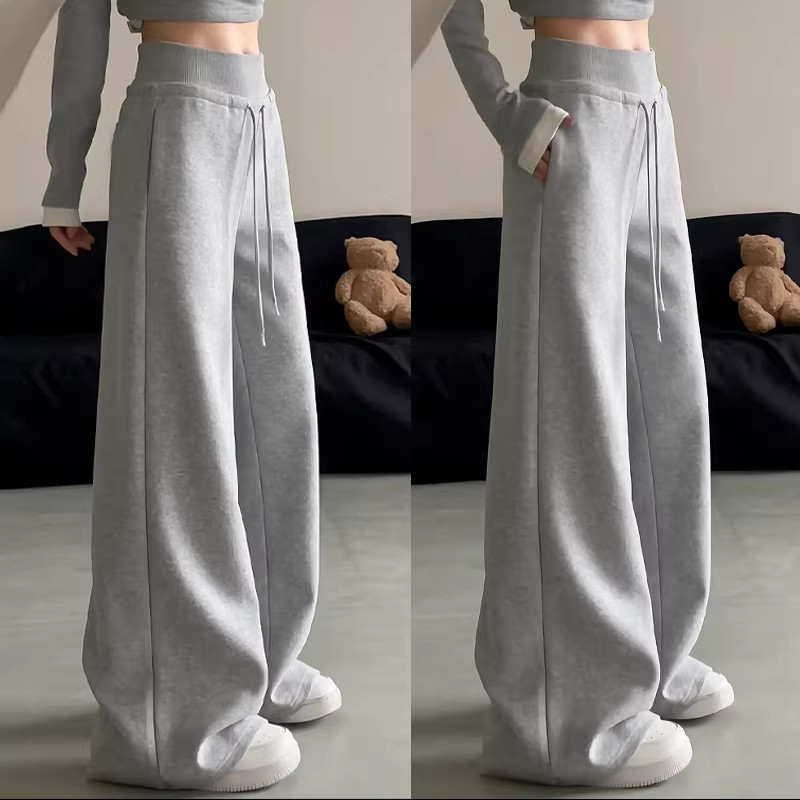 灰色美式运动裤女秋冬季高腰垂感休闲显瘦宽松直筒裤阔腿拖地卫裤