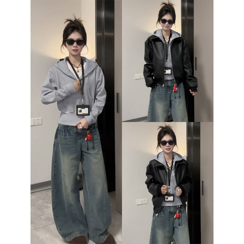 韩系灰色正肩连帽长袖卫衣女秋冬季加绒修身外套百搭收腰短款上衣