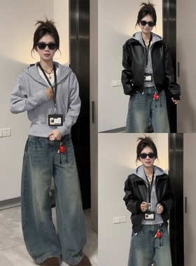 韩系灰色正肩连帽长袖卫衣女秋冬季加绒修身外套百搭收腰短款上衣