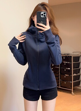 美式藏青色修身外套女秋季新款连帽拉链卫衣开衫收腰显瘦短款上衣