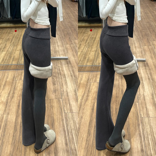 运动休闲卫裤 加绒加厚百搭喇叭裤 女秋冬新款 浅灰色低腰显瘦微喇裤