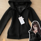 韩系黑色修身 开衫 卫衣外套女春秋季 收腰显瘦拉链上衣连帽运动长袖