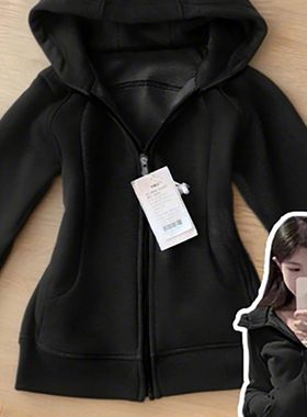 韩系黑色修身卫衣外套女春秋季收腰显瘦拉链上衣连帽运动长袖开衫