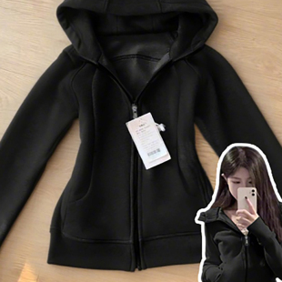韩系黑色修身卫衣外套女春秋季收腰显瘦拉链上衣连帽运动长袖开衫