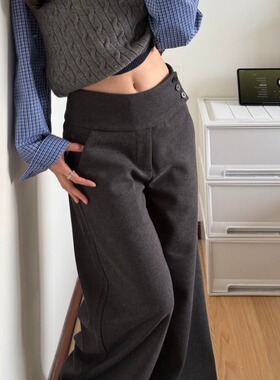 深灰色毛呢纽扣阔腿西装裤女秋冬季高腰显瘦慵懒风垂感休闲直筒裤