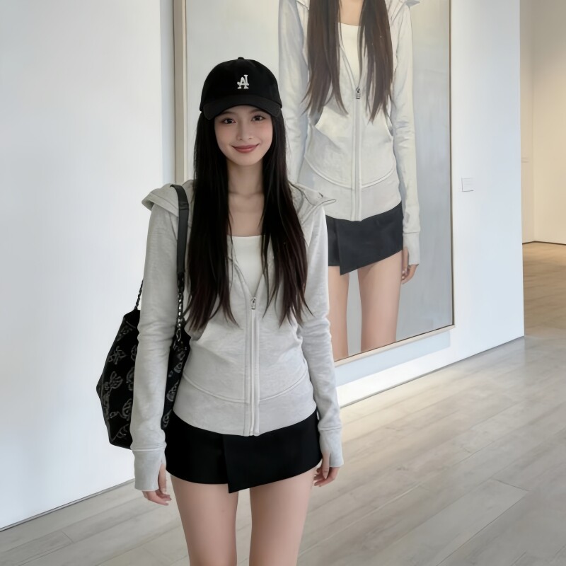 韩系灰色修身卫衣外套女秋冬季收腰显瘦拉链上衣连帽运动长袖开衫