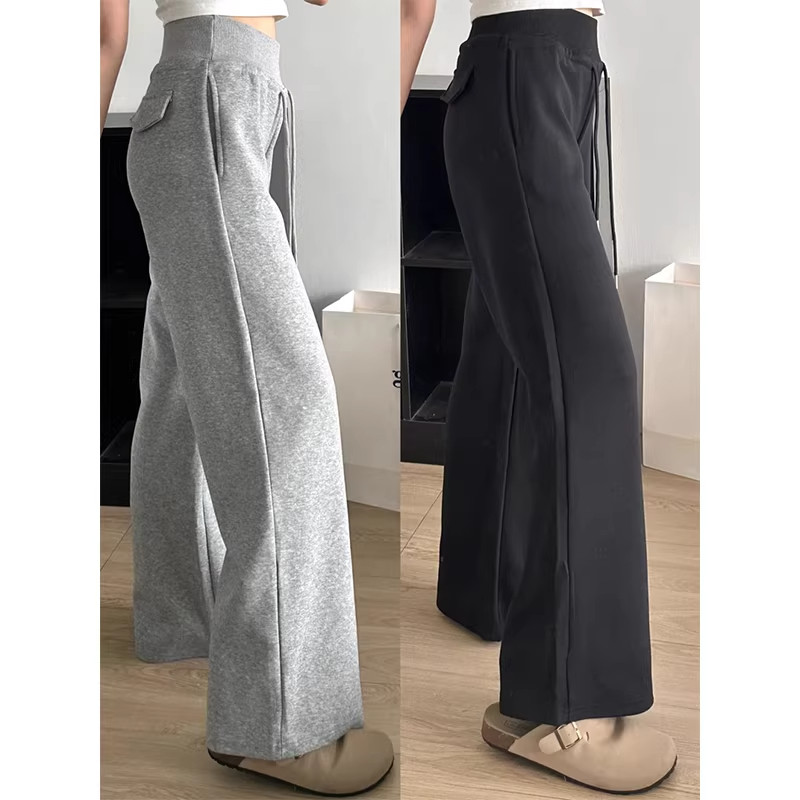 灰色运动裤女秋冬季高腰垂感显瘦宽松慵懒风直筒卫裤休闲阔腿裤子