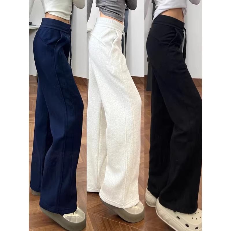 白灰色运动卫裤女秋冬季加绒高腰垂感休闲显瘦直筒窄版拖地阔腿裤