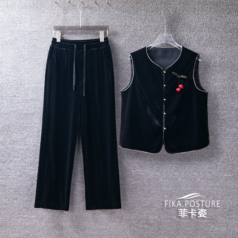 黑色金丝绒马甲套装女2025春秋新款小个子百搭时尚气质马夹上衣潮
