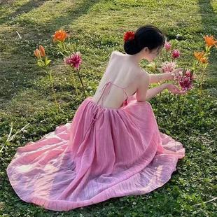 设计感露背绑带A字裙法式 海边度假风氛围感连衣裙女夏季 气质吊带