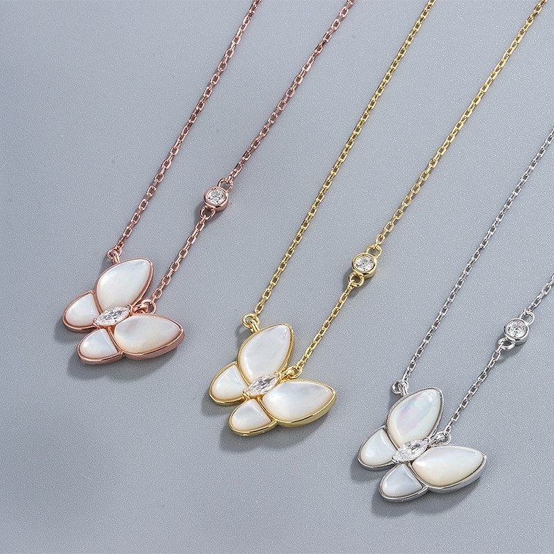 18K玫瑰金贝母蝴蝶项链S925纯银气质白金吊坠锁骨链单钻百搭温柔