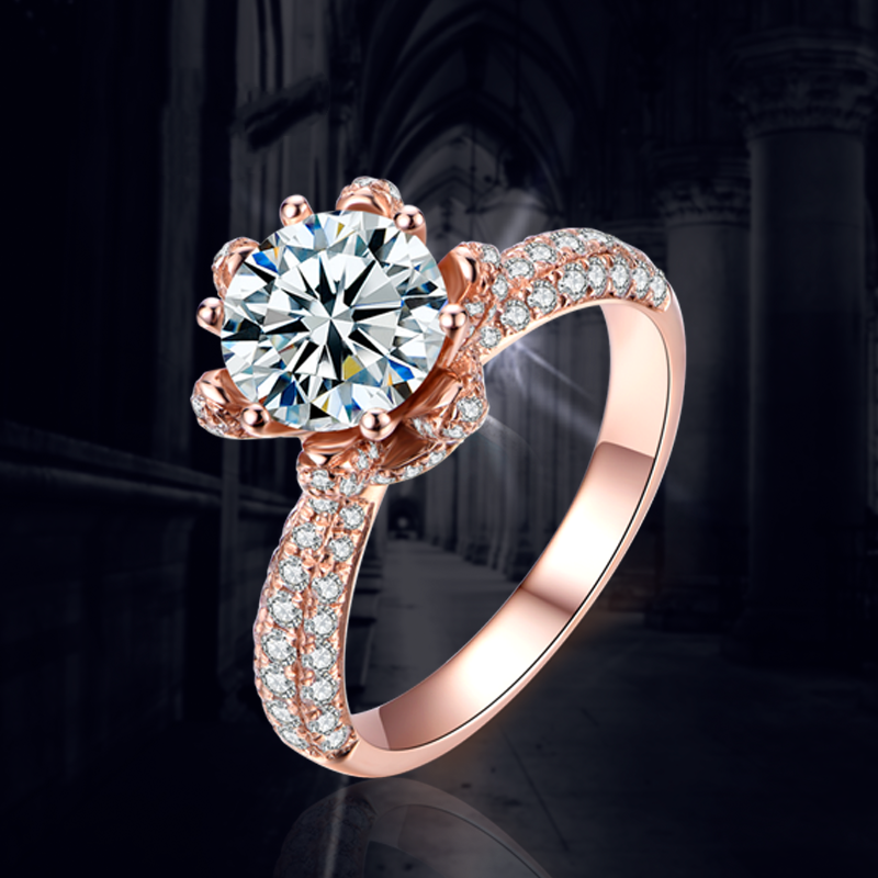 PT950铂金莫桑石群镶冰雪皇后戒指纯银玫瑰金花苞求婚钻戒婚礼女