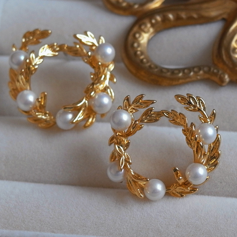  月桂诗人>月桂叶花环耳钉 复古珍珠元素耳饰 2023新款轻奢气质