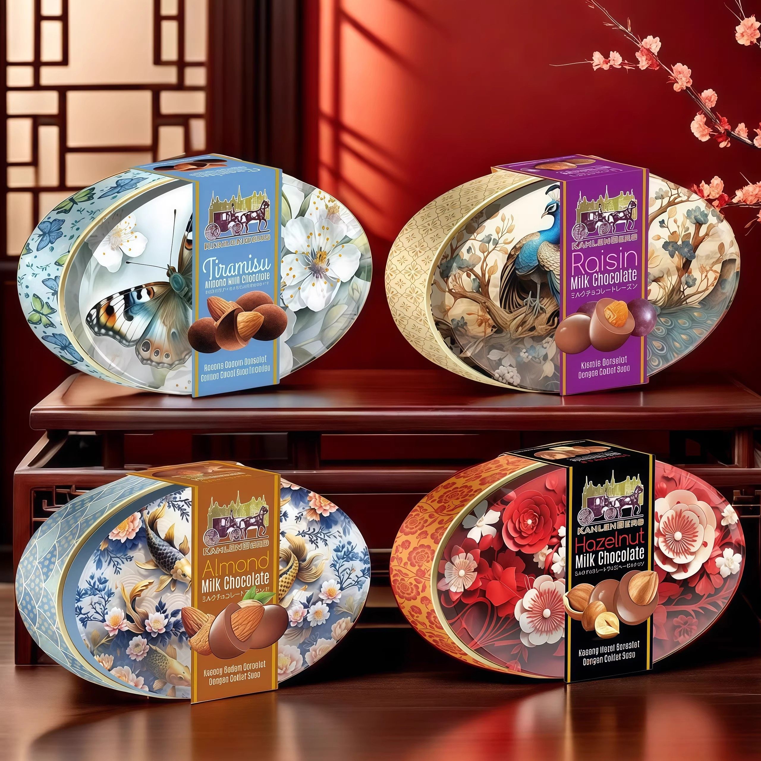 马来西亚提拉米苏扁桃仁榛子葡萄干牛奶夹心巧克花开富贵礼品盒装