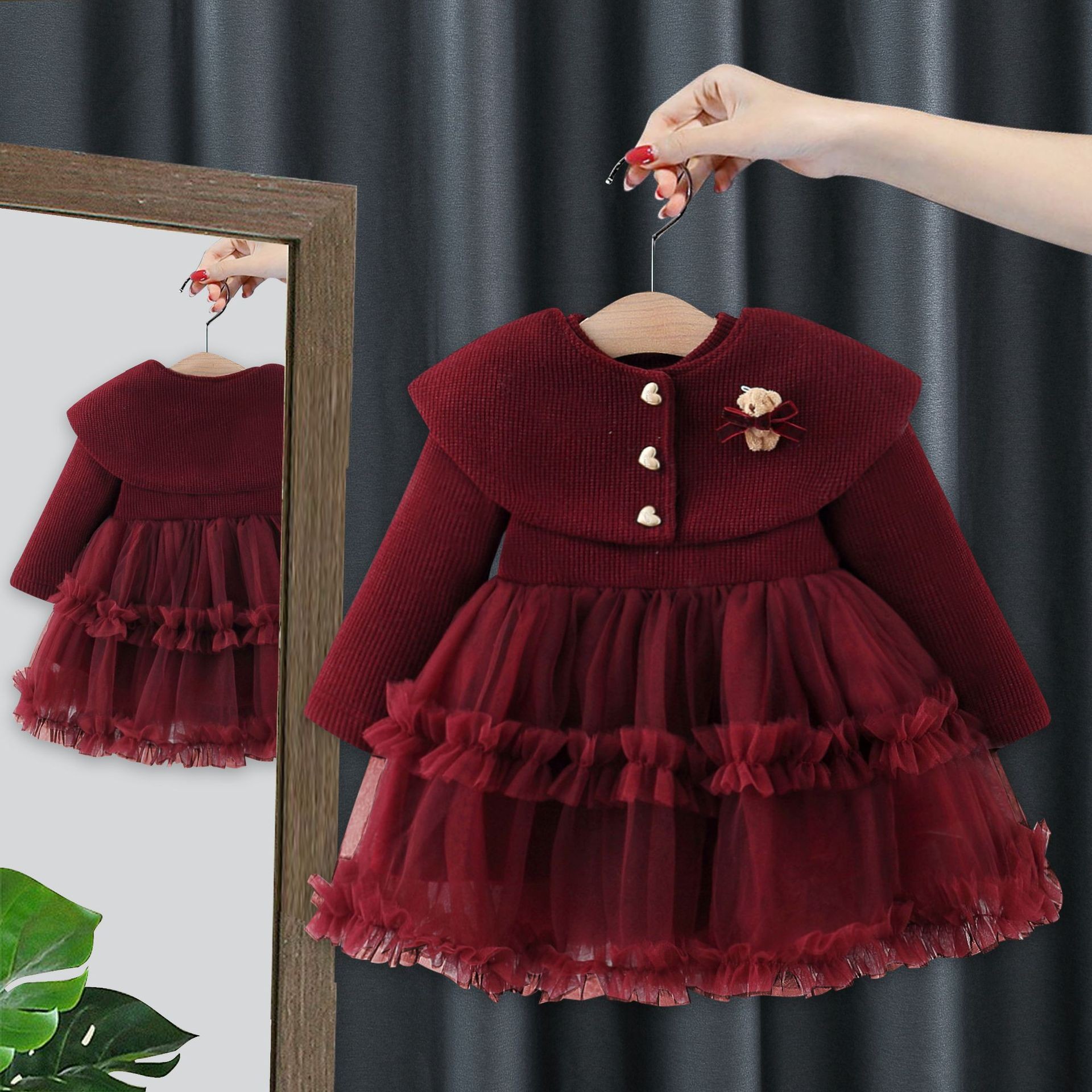 2025秋冬新款女童加绒洋气披肩连衣裙公主裙生日洋装婚礼礼服儿童
