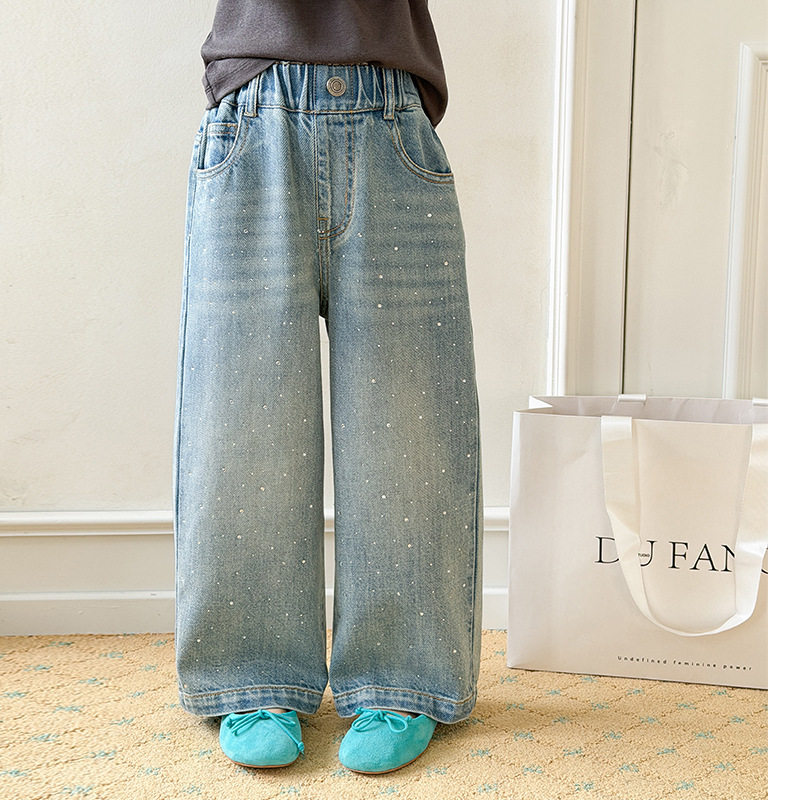 2026春夏新款女童纯棉超软blingbling亮晶晶烫钻牛仔裤阔腿裤儿童