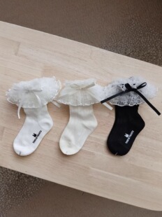 儿童袜子伊卡兔26春夏新韩系蕾丝蝴蝶结女童袜子中筒无骨袜子9001