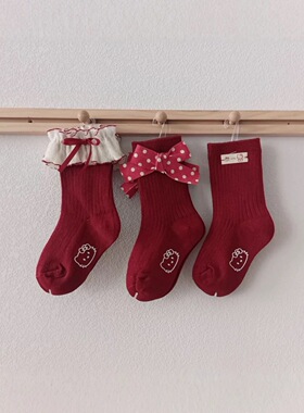 儿童袜子伊卡兔安可拉红2026年款卡通凯蒂猫花边公主袜红色8180