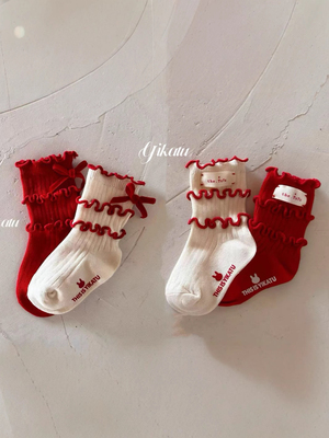YKT伊卡兔正品童袜新年红袜喜庆多层木耳边花边公主蛋糕袜7192棉