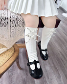 伊卡兔女童正品 2025秋冬新波点蝴蝶结双针纯棉四季 公主小腿袜8153