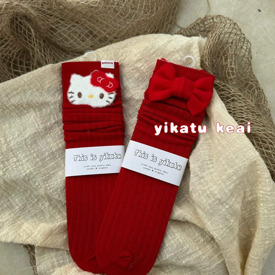 伊卡兔童袜秋冬过年红喜庆卡通立体红色KT猫直板无跟可亲子7115-3