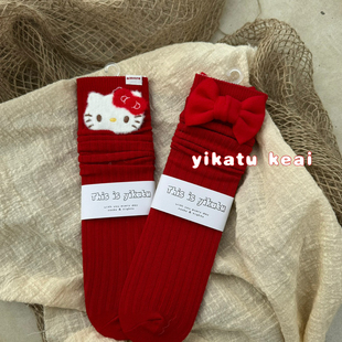 伊卡兔童袜秋冬过年红喜庆卡通立体红色KT猫直板无跟可亲子7115
