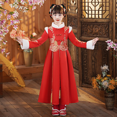 汉服女童新年装儿童冬装中国风冬季加绒唐装小女孩过年宝宝拜年服