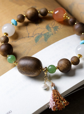 黄奇楠沉香木新中式国风手链天山翠南红玛瑙手编文玩转运好看手串