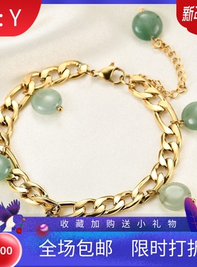 新款欧美时尚复古绿色天然石头流苏5MM费加罗链手饰18K金不锈钢手